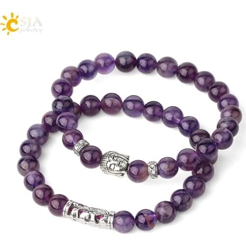 CSJA 8mm Natural Stone Bracelet Set Buddha Head Simple Elastic Strand Bracelets for Men Women Prayer Rosary Healing Jewelry G509