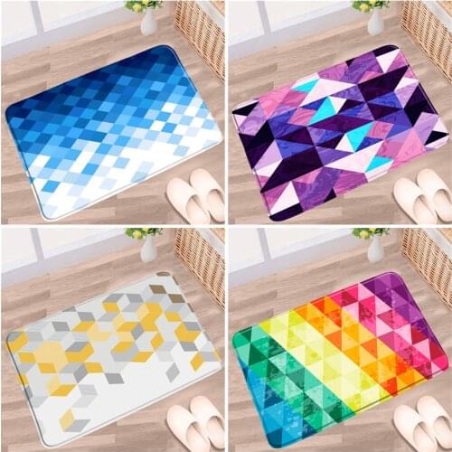 Color Plaid Bathroom Mat Modern Geometric Pattern Non-slip Rug Flannel Home Floor Decor Toilet Bath Kitchen Doorway Aisle Carpet