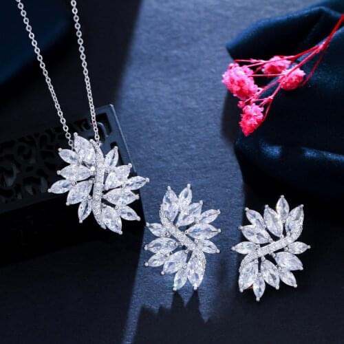 CWWZircons Delicate White Cubic Zirconia Women Big Necklace Pendant And Earring Sets Wedding Bridesmaids Jewelry Gift T050