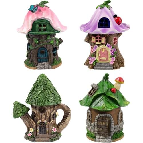 Mystic Gnome Fairy House Figurine Outdoor Decor Garden House Statues With Color Changing LED Solar Outdoor Decor Garden Light