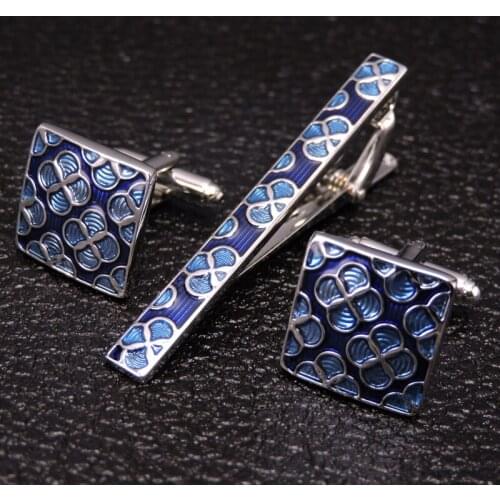 HYX Classic blue Tie Clips cufflinks set for Men High Quality Enamel Engrave Pattern Necktie Tie Bar link Clasp Brand Jewelry