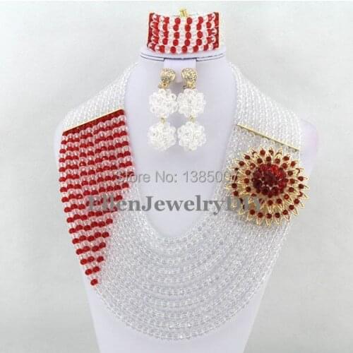 High Quality 10 Rows White Nigerian Wedding African Beads Jewelry Set Crystal Necklace Bracelet Earrings Sets WS4315