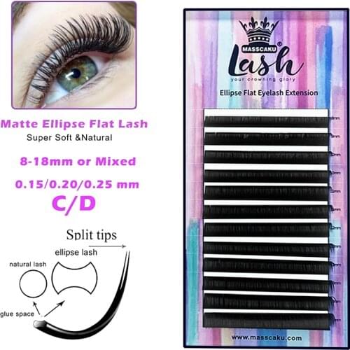 Hot selling Korean PBT Flat Ellipse Eyelash Extensions With Private Label False Eyelashes Supplies Individual Split Tips