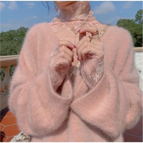JSXDHK Lazy Style Autumn Winter Mohair Knitted Jumper Pullover Fashion Women Mink Cashmere Pink V Neck Soft Warm Loose Sweater