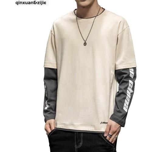 Mens T Shirt Spring Autumn New 100% Cotton Long Sleeve O-neck Fake 2 Pcs Shirt Print Slim Fit Tshirt High Quality Basic Tops