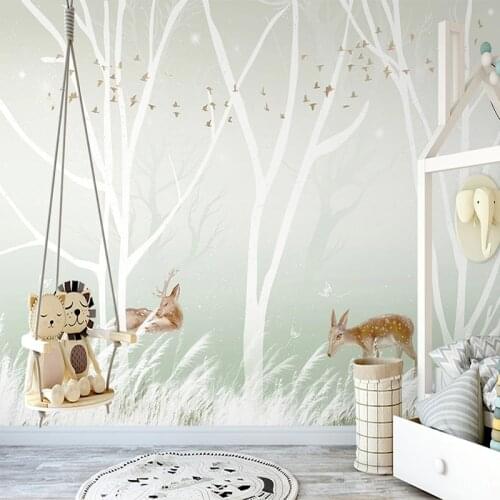 Hand Painted Tree Forest Bird Deer 3D Photo Wall Mural Custom Wallpaper For Kids Room Bedroom Living Room Wall Decor Painting 3D