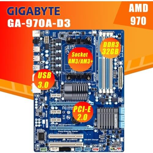Socket AM3+/AM3 Gigabyte GA-970A-D3 Motherboard DDR3 32GB PCI-E 2.0 Phenom II/Athlon II AMD 970 Mainboard AM3/AM3+ ATX Used