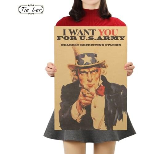 TIE LER Vintage Poster Uncle Sam World War II Recruit Kraft Paper Poster Wall Sticker Decor 51X36cm