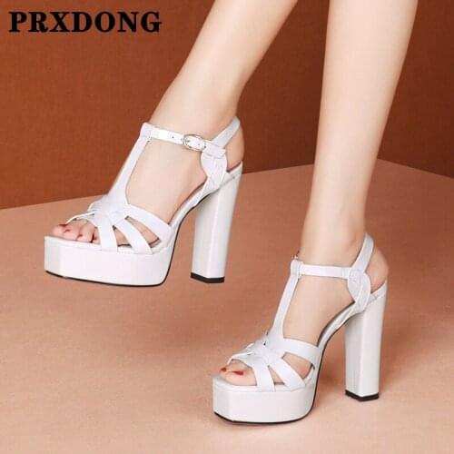 Women Pumps 2021 Hot Summer Fashion Genuine Patent Leather Thick High Heels Platform T-Strap Dress Party Gladiator Sandals 34-40