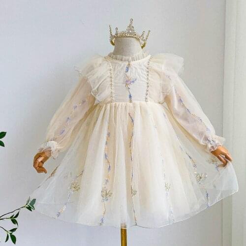 Girls pearl sequin tulle princess dress children long sleeve dresses wholesale