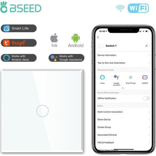 BSEED Wifi Light Switches 1/2/3Gang 1/2/3Way Wall Touch Switch Tuya Google Home Alexa Smart Wireless Control Switch EU Standard
