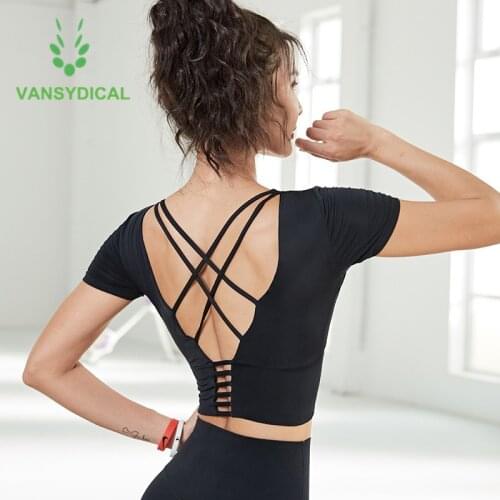 Vansydical Women Open Back Gym Yoga Shirts Sports Cropped Tops Summer Fitness Jogging Workout Short Sleeve with Chest Padded