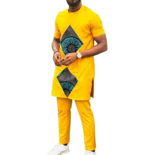 Yellow Patchwork Design Short Sleeve Tops+Pant African Festival Combed Cotton Men Suits Wedding Party Outfits Customized