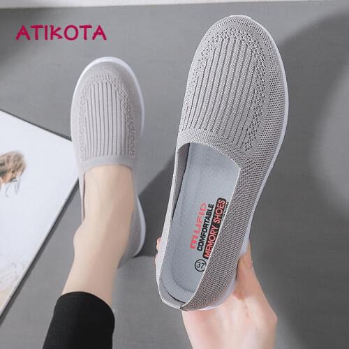 Atikota Shallow Women Shoes Lightweight Non-slip Soft Bottom Flying Woven Work Shoes Casual Flat Bottom Sneaker Maternity Shoes