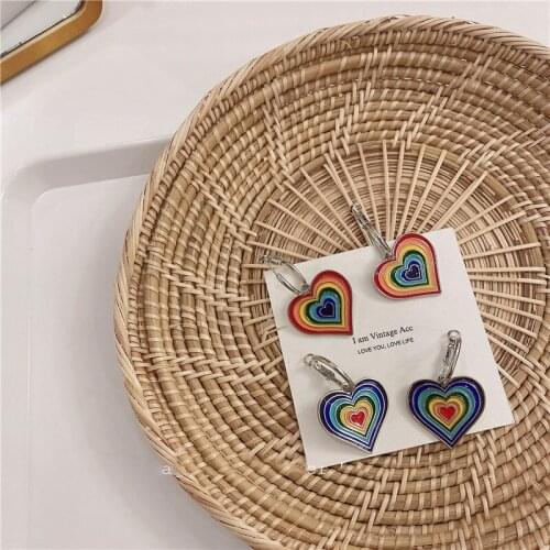 Origin Summer French Sweet Rainbow Color Love Heart Hoop Earring for Women Girls Delicate Metallic Earring Jewelry Pendientes