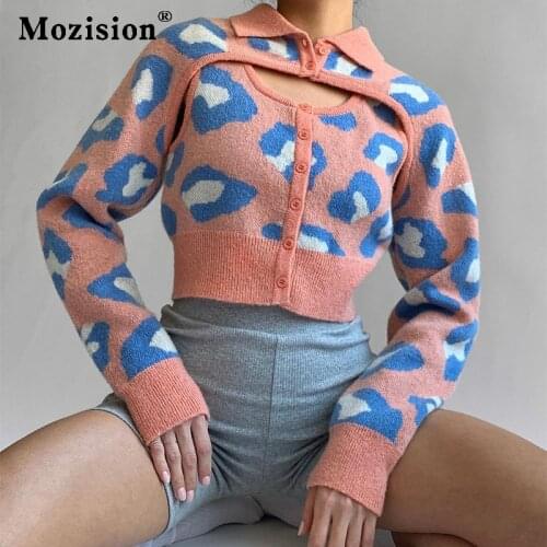Mozision 2021 Early Autumn Knitted Long Sleeve Pullover Short Personalized Top Sweet Color Contrast Design Leopard Print Womens