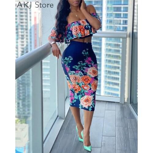 Women Off Shoulder Floral Print Ruffles Crop Top & Midi Skirt 2 Piece Sets