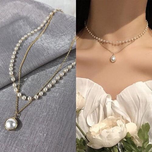 2020 New Double layer Chain Gold Choker Necklace Women Korean Style Pearl Pendant Necklace Fashion Jewelry Collar