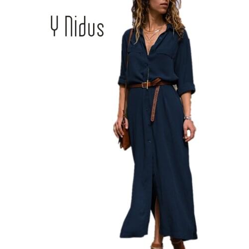 Y Nidus Womens Dress Autumn Shirt Dress 2018 Maxi Tunic Long Sleeve Button Up Split Solid Flowy Evening Party Dresses vestidos