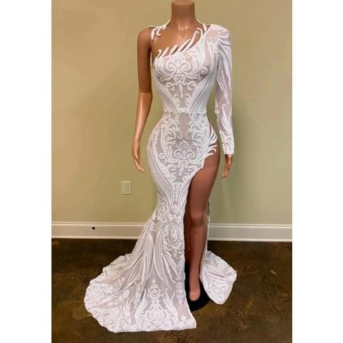 Robe De Soiree Mermaid Prom Dresses Sheer One Shoulder High Side Split Lace Formal Dubai Middle East Evening Party Gown 2021