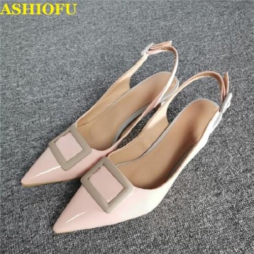 ASHIOFU RealPhotos Handmade New Ladies Mid-heel Pumps Square Charm Slingback Party Dress Shoes Fashion Evening Pumps Court Shoes
