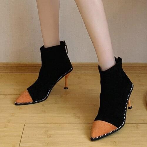 Purple big Size Fashion Female High-Heeled Boots Young Ladies Fashion Booties 8cm Heel Cloth Boots Cusp Women High Heel Booties