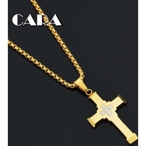 New Gold Color 316L stainless steel CZ stones cross pendant necklace men womens Christian cross necklace fashion CAGF0486