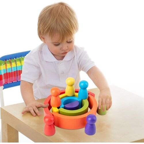 Wooden Rainbow Stacking Game Learning Toy Geometry Building Blocks for Children Color Shape Matching Kid Educational