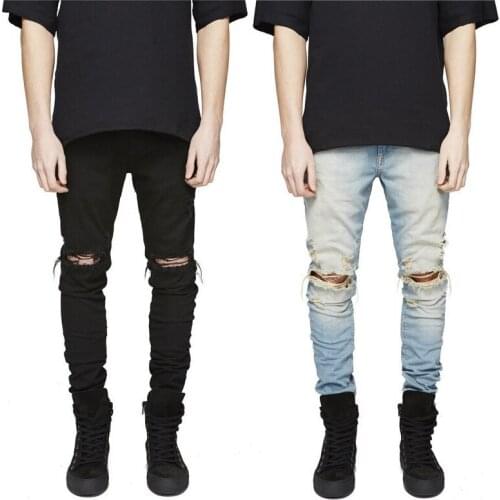 Europe and the United States Kanye West knee big hole jeans high street mens stretch slim pants trendy Jeans