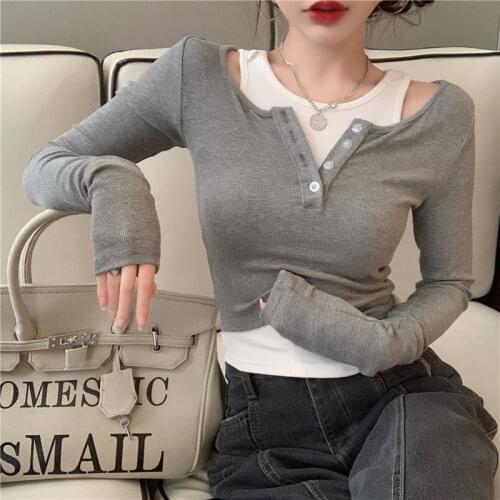 Womens T Shirt Fake Two Pieces Shoulder Hollow Out Long Sleeve Cotton Slim Tops Wholesale Spring Autumn Fashion Female Clothes
