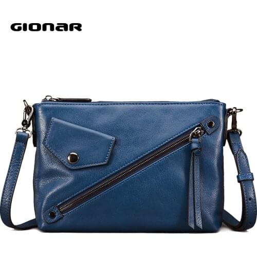 GIONAR Blue Crossbody Purse Supple Genuine Cow Leather Handbags for Women Vintage Small Messenger Bag Front Zipper Pocket