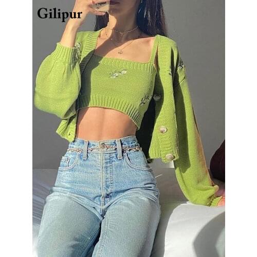 Cardigan Sweater For Women 2 Piece Sets With Crop Top Fashion Short Coat Y2k Blouse Long Sleeve Green Knitted Sweater Female