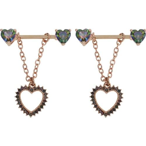 JHJT 2PCS Nipple Rings 14G 316L Surgical Stainless Steel Rose Gold Heart Dangle Nipple Rings Body Piercing Jewelry