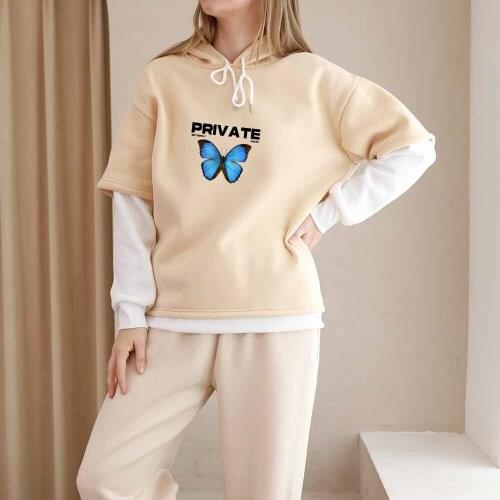 Womens Hoodie Butterfly Printed Pullover Warm Hoodie Streetwear Korean Fashion Oversized Sweatshirt Kawaii Autumn Long Sleeves