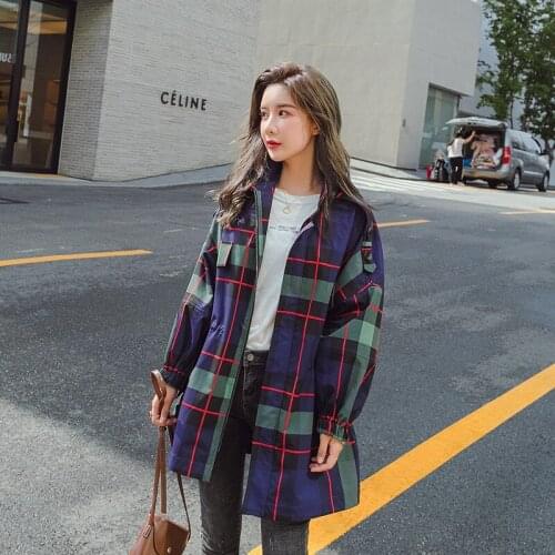 Plaid Windbreaker Womens Mid-Length Korean Spring Autumn Student Popular Overalls Trench Coat
