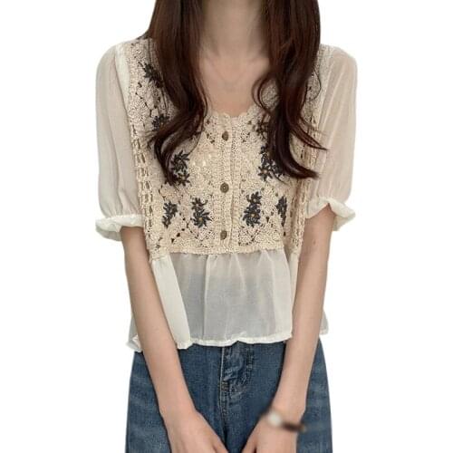 EFINNY Women Blouses Chiffion Blouses Femme Tops French Style Blusas Elegantes Tops Summer V-Neck Hollow Out Tops