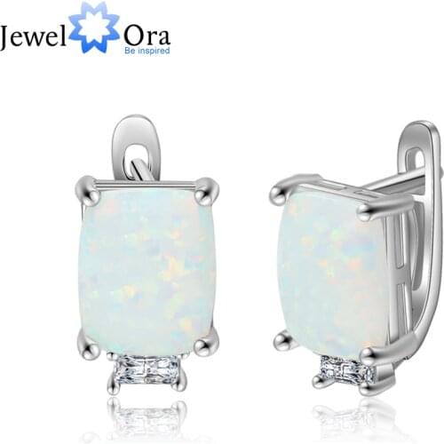 JewelOra Created Rectangle Opal Hoop Earrings for Women Silver Color Fashion Elegant Wedding Earrings Party Jewelry Accessories