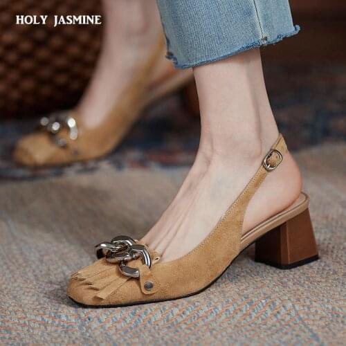 Metal Decoration Women Pumps Kid Suede Square High Heel Slingbacks Shoes Real Leather Buckle Round Toe Slingbacks Shoes Lady