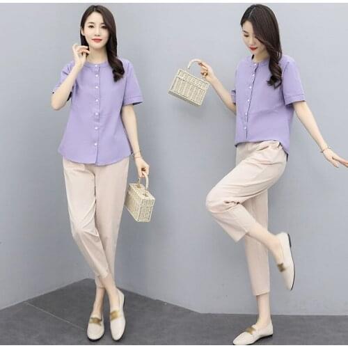 Fashion Woman Summer Single-breasted Short Sleeve Shirt Top Casual Cropped Trousers Temperament Cotton Linen Two Piece Set aq864