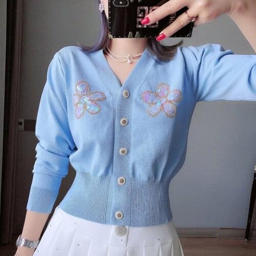 2021 Early Autumn Pink Cardigan Women Classic V Neck Single Breasted Cardigan Sweater Sequined Floral Solid Kawaii Cardigan