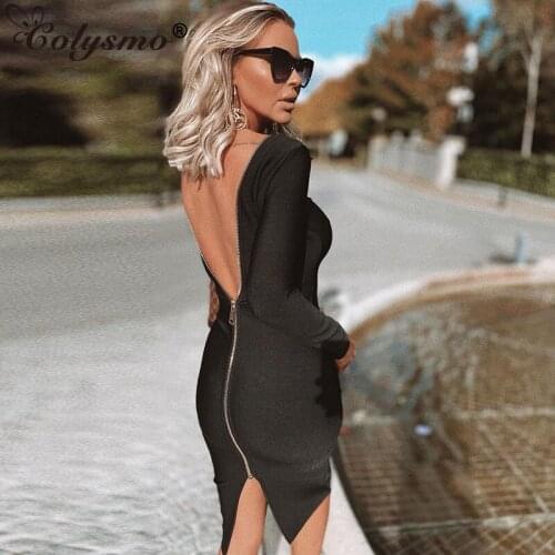 Colysmo Woman Midi Dress Zipper Split Backless Long Sleeve Elastic Solid Color Sexy Slim Fit Summer Dress Ladies Party Vestidos