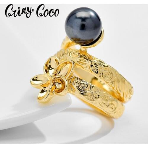 Cring Coco Golden Rings Fashion Female Hawaiian Plumeria Flower Jewelry New Design Pearl Finger Ring for Women Wedding Party