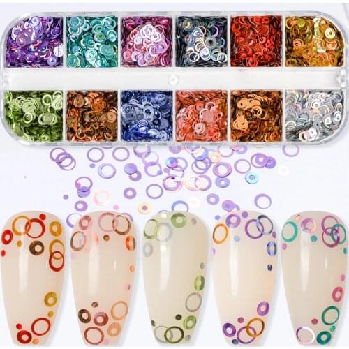 12 Grids/Box mixed size Colorful Nail Glitter Flakes Hollow circle Round Nail Art Sequins Decorations Acrylic Manicure tools