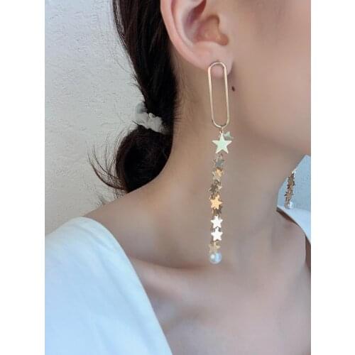 2019 Fashion Gold Needle Asymmetrical FIve-Pointed Star Long Tassel Pearl Earrings Pendant Earrings For Women Bijoux Jewelry