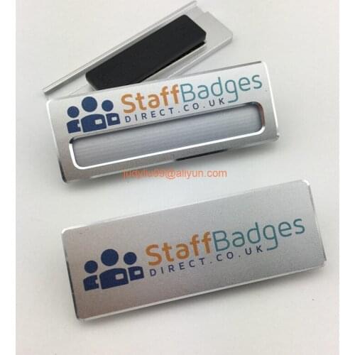 30pcs custom hotel staff name tag aluminum nameplate UV printing id name badge holder with magnetic back