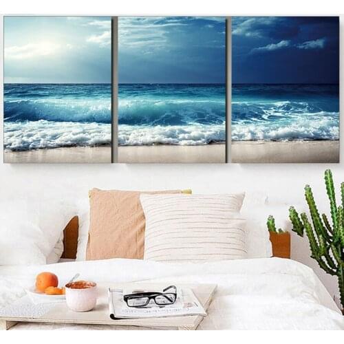 5D DIY Diamond Painting cross stitch Beach blue waves full square round diamond mosaic embroidery 3 pcs living room decoration