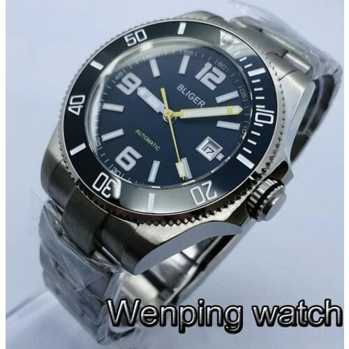 Bliger 43mm Mens Top Luxury Mechanical Watch Sapphire Glass Ceramic Bezel Black Dial Date Waterproof Luminous Automatic Watch