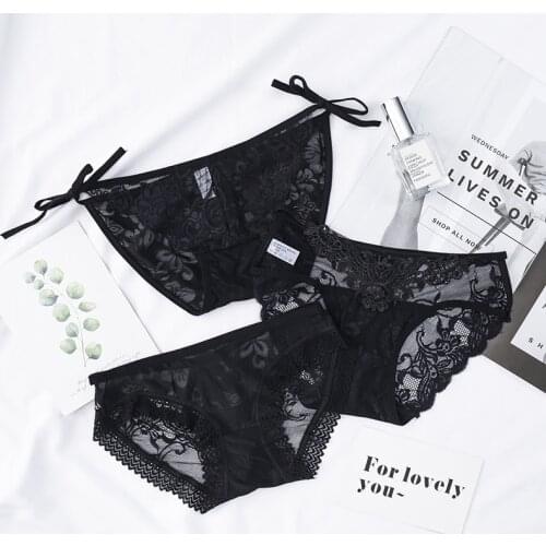 Black Sexy Womens Underwear Hollow Out Corset Lace Low Waist Breathable Girls Briefs Bow Flowers Embroidery Lingerie Panties