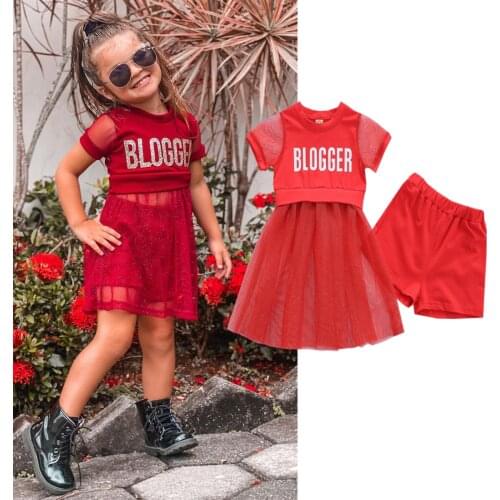 FOCUSNORM 1-6Y Summer Kids Girls Lovely Clothes Sets Letter Printed Short Sleeve Lace Patchwork T Shirts Shorts 2pcs