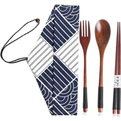 Portable Japanese Vintage Cutlery Set Wooden Travel Dinnerware Suit Environmental with Cloth Pack Gift Home Non-slip Tableware